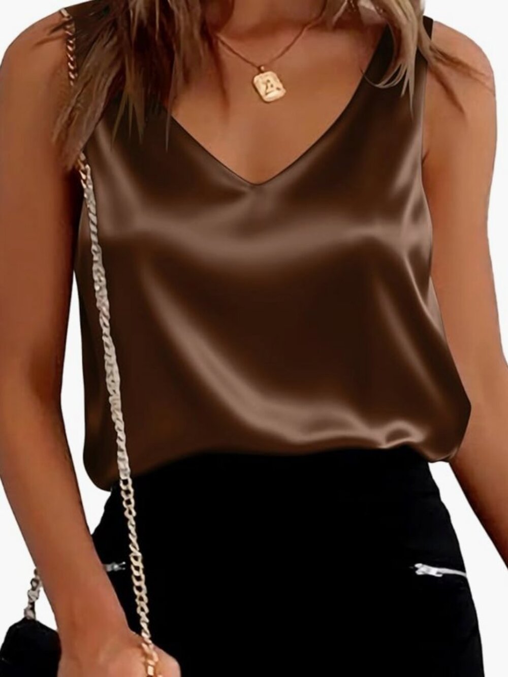 Silky Bronzy Coffee Brown Flowy V Neck Tank Top